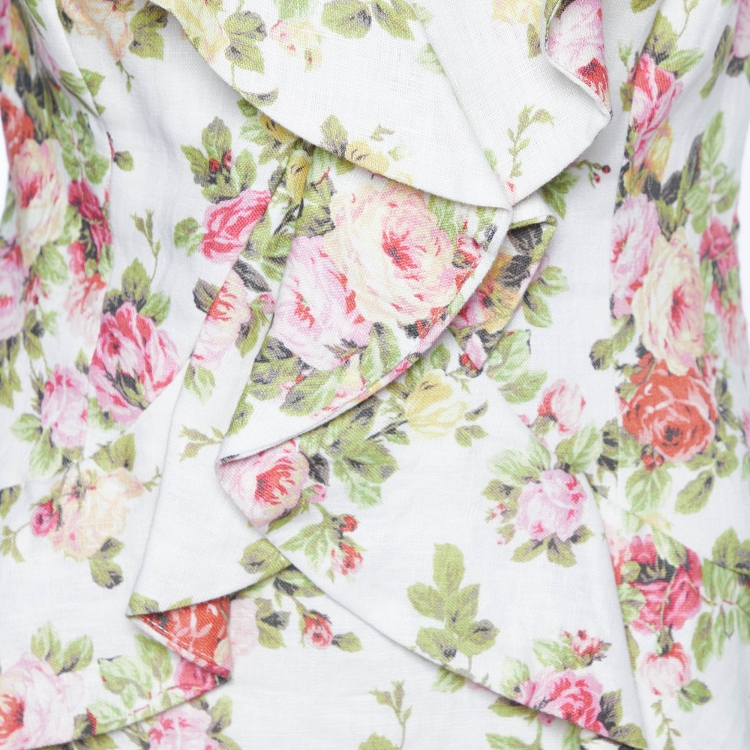 Pre Owned Zimmermann White Watermelon Floral Print Linen Flutter Dress L