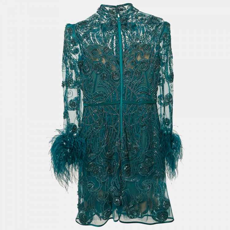 Pre Owned Zuhair Murad Green Beaded Tulle Faux Feather Detail Mini Dress XS