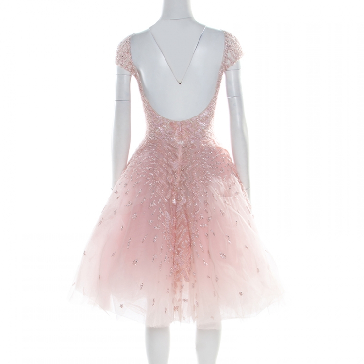 Pre Owned Zuhair Murad Couture Pink Embellished Tulle Sleeveless Cocktail Dress S