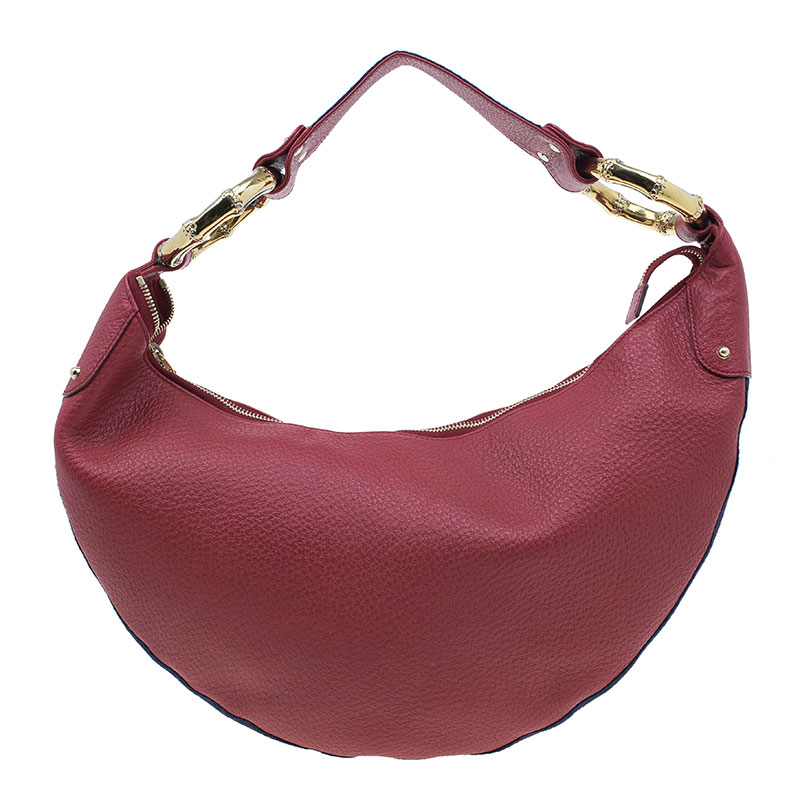 Gucci Red Pebbled Leather Half Moon Bamboo Ring Hobo Bag - Buy & Sell - LC