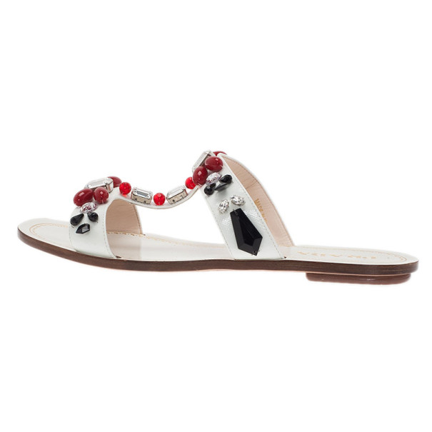 Prada White Patent Saffiano Leather Jeweled Flat Sandals Size 39.5 ...