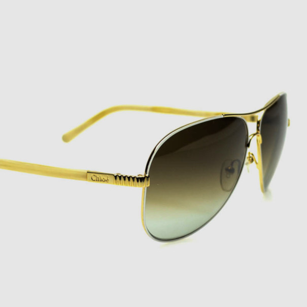 Pre Owned Chloé Gold and White CE102S Aviator Sunglasses