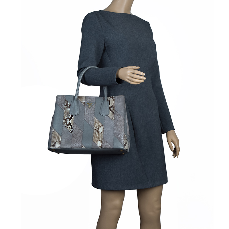 

Prada Grey Exotic Skin Patchwork Double Handle Tote