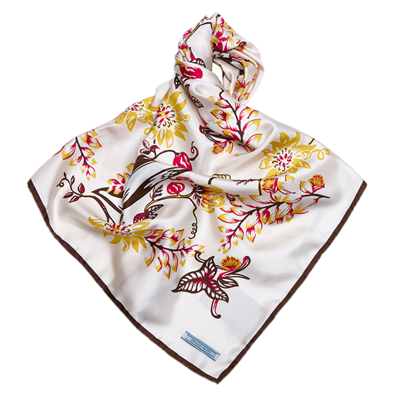 Prada White Floral Print Silk Square Scarf