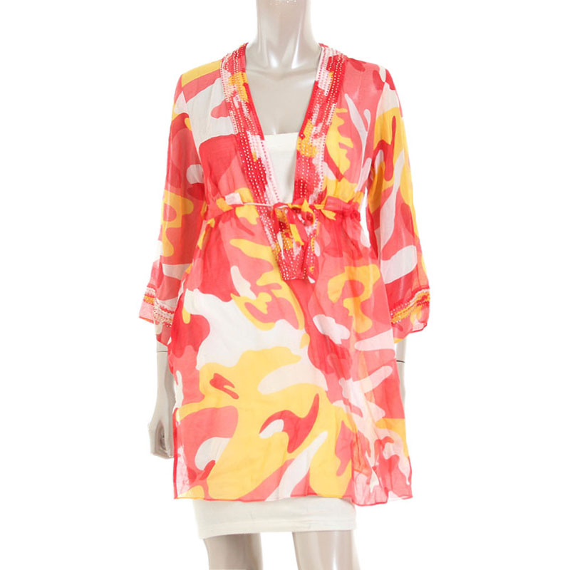 

Diane von Furstenberg Red Abstract Printed Sheer Kaftan Top, Multicolor