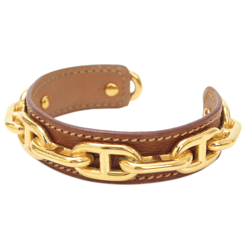 

Hermes Chaine d'Ancre Leather Gold Plated Cuff Bracelet