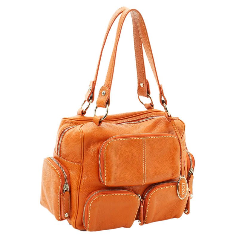 

Tod's Orange Pebbled Leather Multi-Pockets Satchel Bag