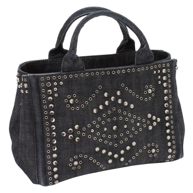 

Prada Black Denim Rhinestone Canapa Tote