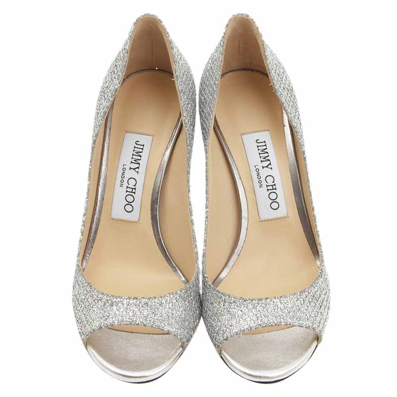 

Jimmy Choo Silver Glitter Evelyn Peep Toe Pumps Size