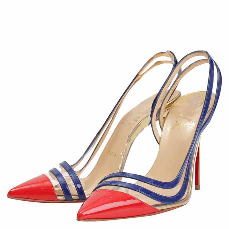 

Christian Louboutin Two Tone Paralili Leather and PVC Slingback Sandals Size, Multicolor