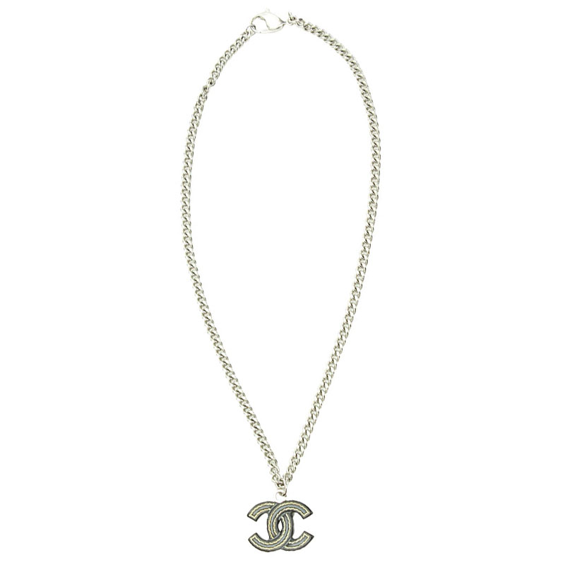 

Chanel Silver-Tone CC Enamel Pendant Necklace, Black