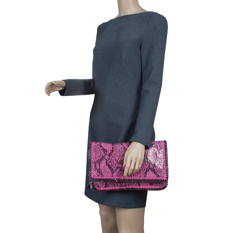 

Stella McCartney Pink Python Print Faux Leather Falabella Fold Over Clutch