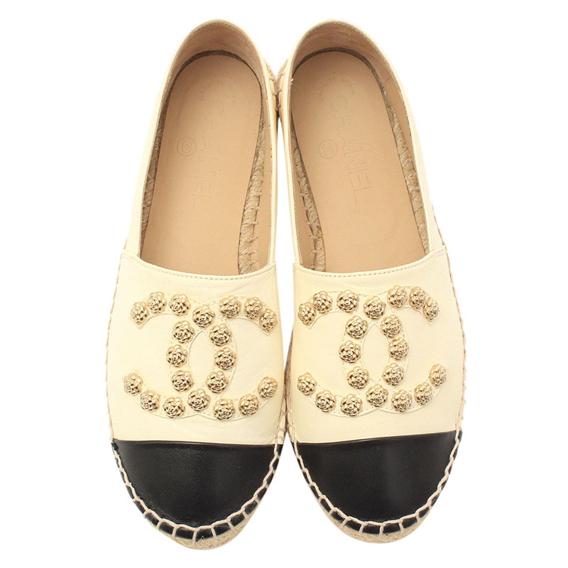 

Chanel Beige Camellia Studded Leather Espadrilles Size