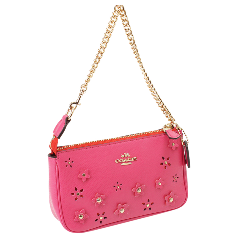 

Coach Pink Leather Floral Applique Pochette Bag