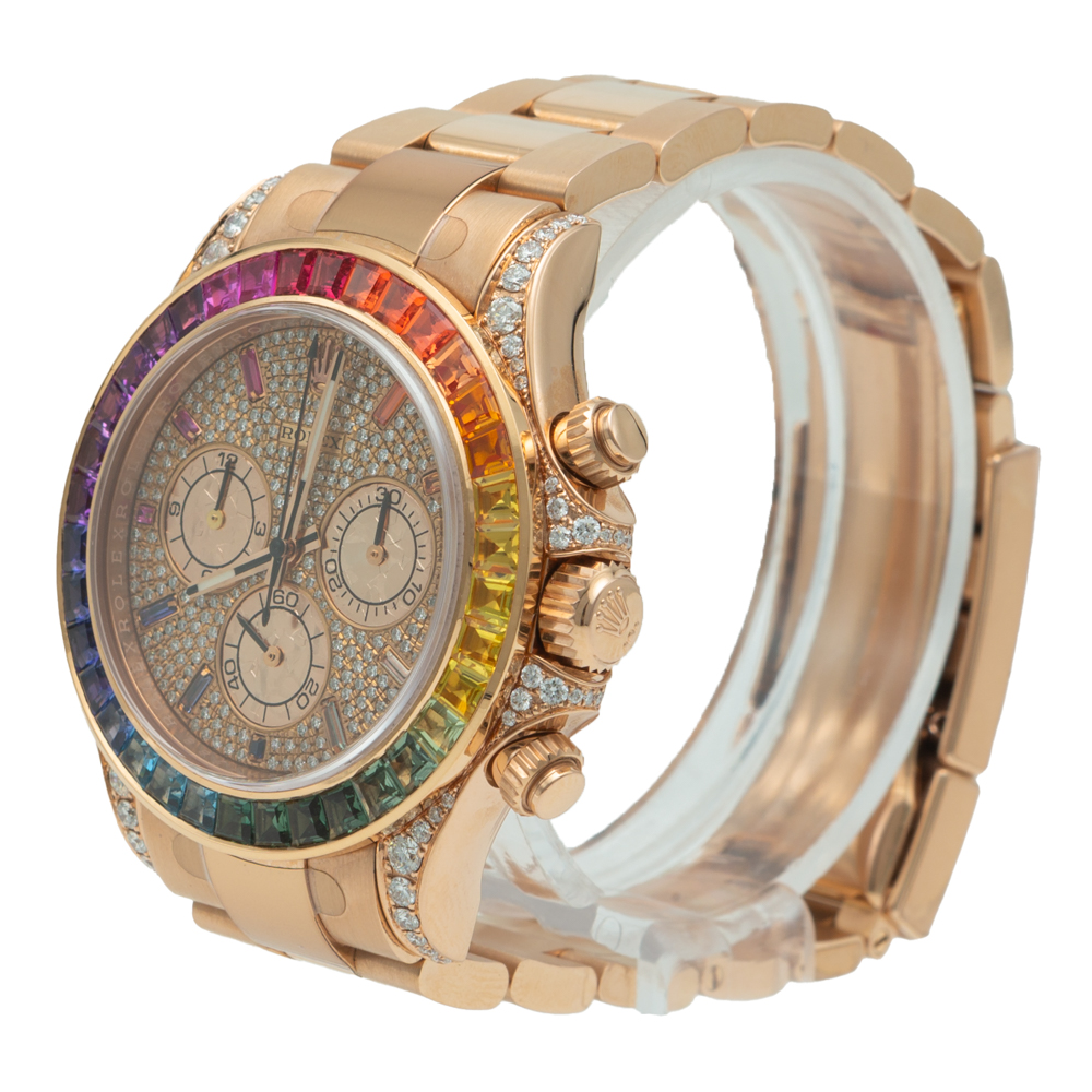 

Rolex Daytona Rose Gold Rainbow Custom Stones & Diamonds Wristwatch