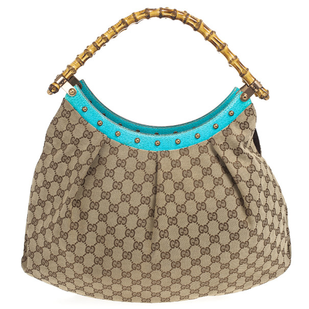 Gucci Beige Ebony GG Canvas Turquoise Leather Studded Bamboo Handle Bag - Buy & Sell - LC