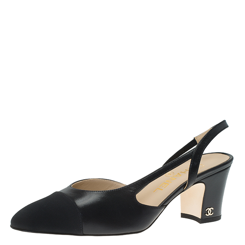 Buy Chanel Black Leather Block Heel Slingback Sandals Size 37 63704 at