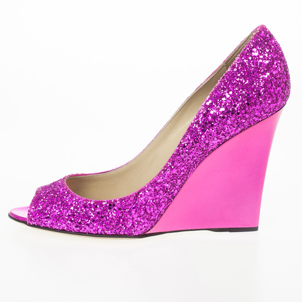 Jimmy Choo Biel Orchid Glitter Fabric Wedge Pumps Size 40 - Buy & Sell - LC