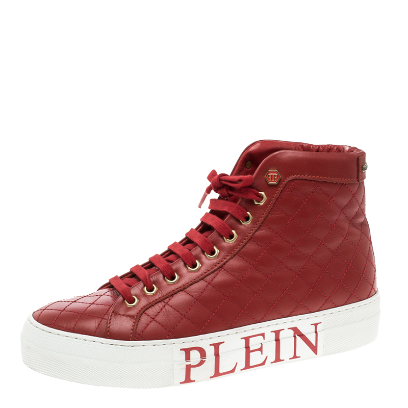 Pre Owned Philipp Plein Red Quilted Leather High Top Sneakers Size 38