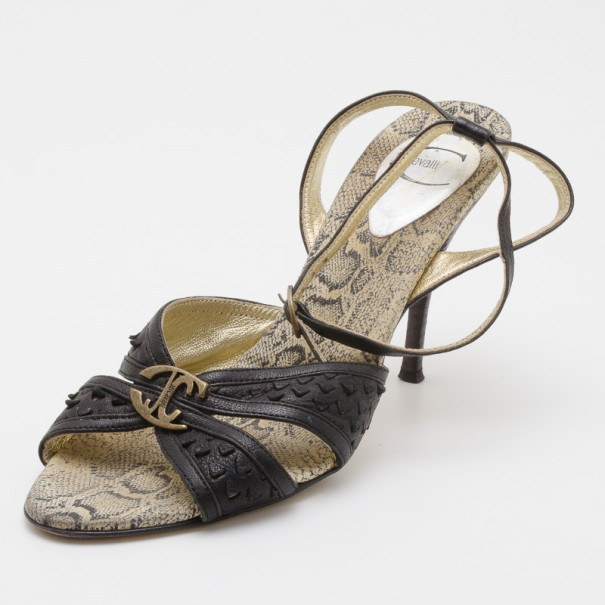 Just Cavalli Black Leather Strappy Sandals Size 40 