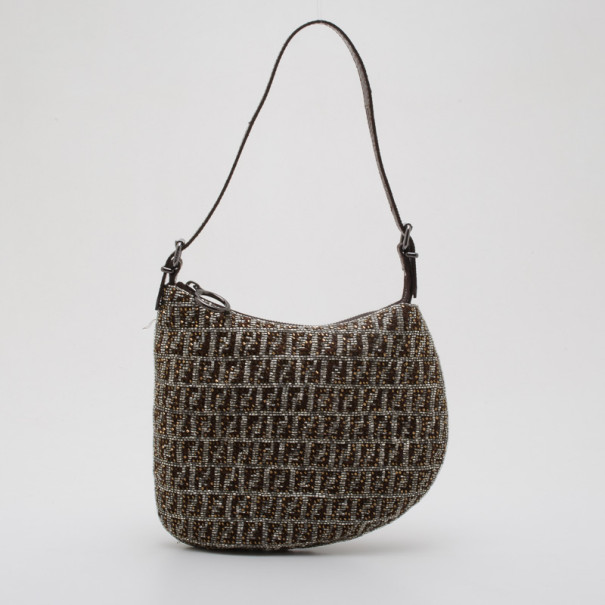 Pre Owned Fendi Ostrik Piccola Metallic Beaded Zucchino Hobo 