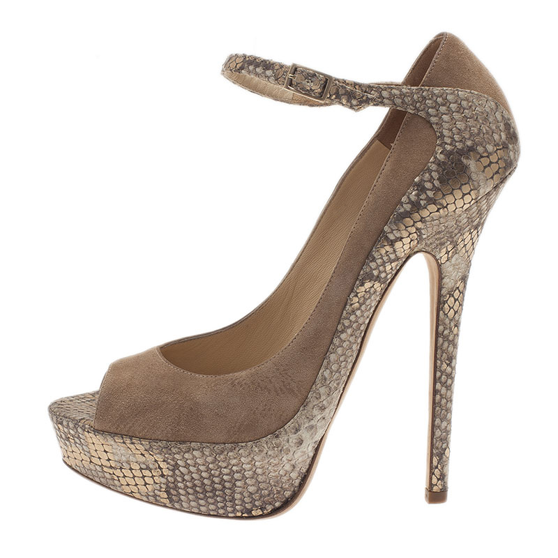 Jimmy Choo Beige Python and Suede Tami Peep Toe Ankle Strap Pumps Size ...