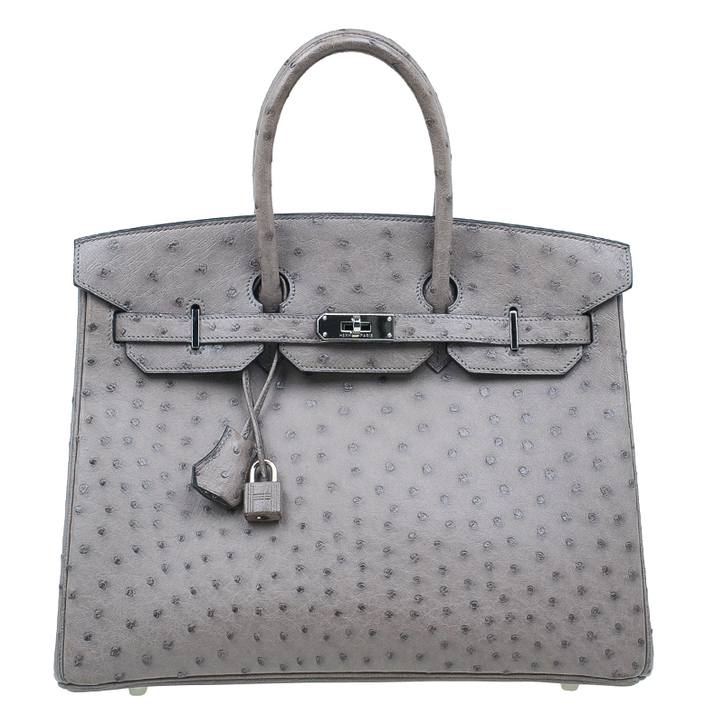 Hermes Grey Ostrich Leather Silver Hardware Birkin 35 Bag - Buy & Sell - LC