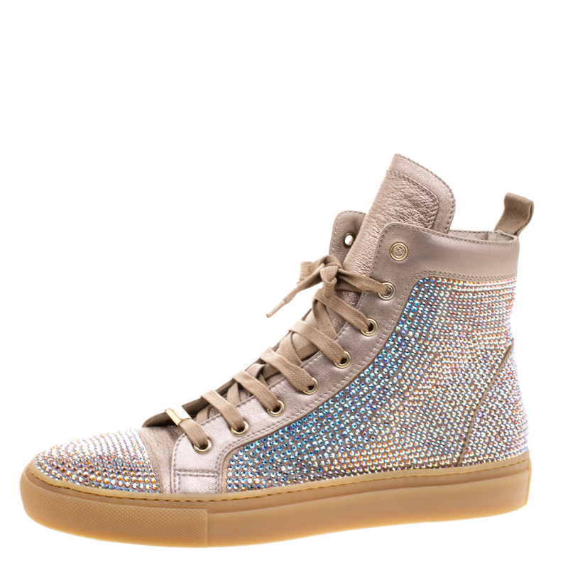 Pre Owned Le Silla Metallic Beige Crystal Embellished Leather High Top Sneakers Size 37