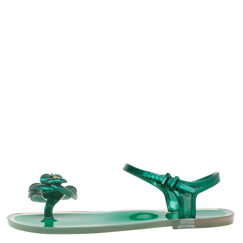 

Chanel Green Jelly Camellia Flower Sandals Size