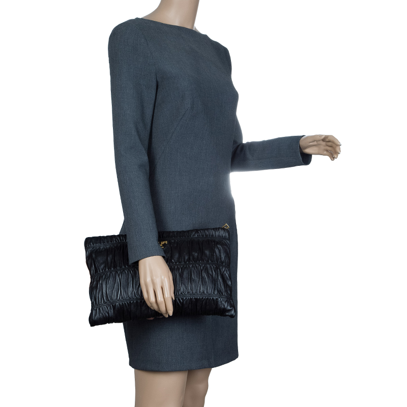 

Prada Black Leather Gauffre Shirred Clutch