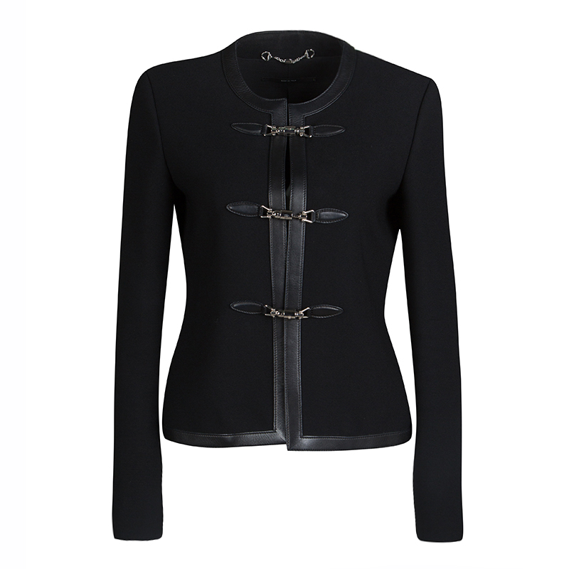Pre Owned Gucci Black Leather Trim Piston Clasp Detail Jacket S