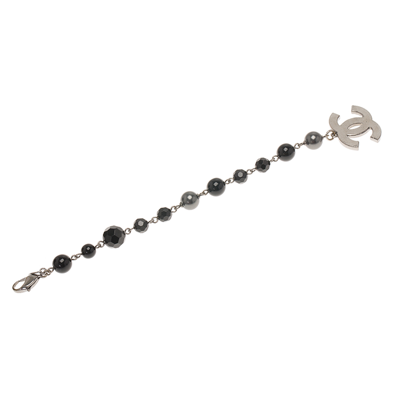

Chanel CC Charm Black & Grey Beads Silver Tone Bracelet