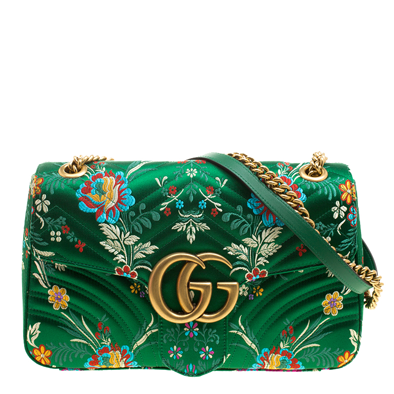 Buy Gucci Green Floral Print Satin GG Marmont Shoulder Bag 126561 at ...