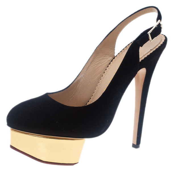 Pre Owned Charlotte Olympia Black Suede Dolly Platform Slingback Sandals Size 36.5