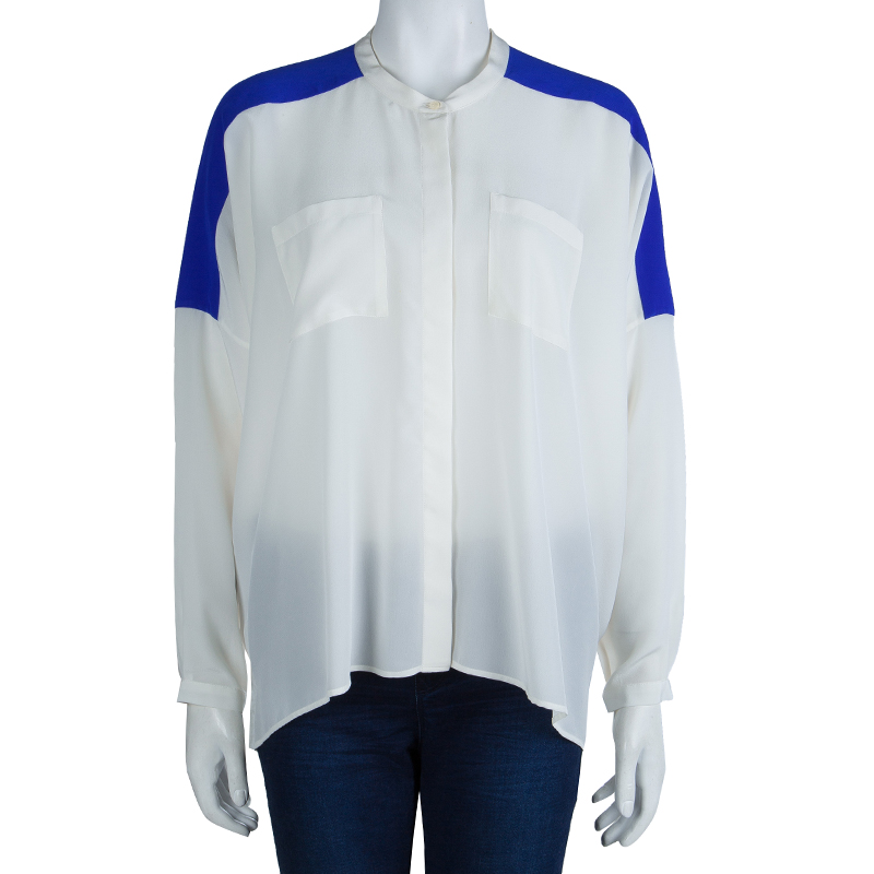 

Etro White Printed Button Down Silk Blouse, Blue