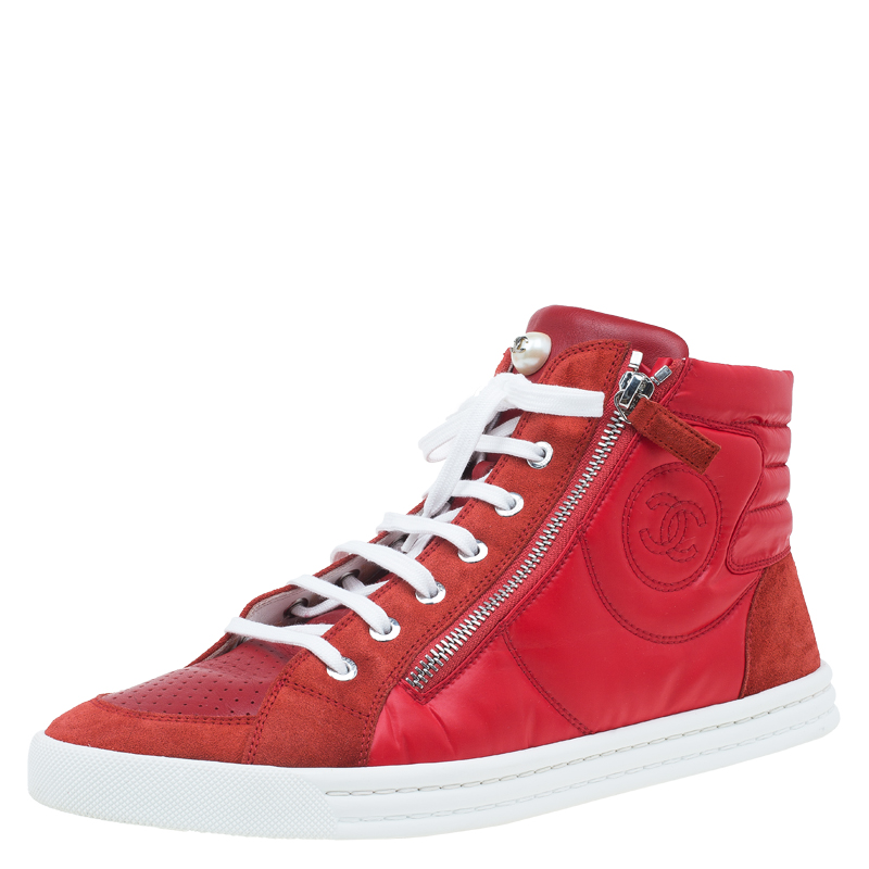 Chanel Red Leather and Suede Perforated CC Logo High Top Sneakers Size ...
