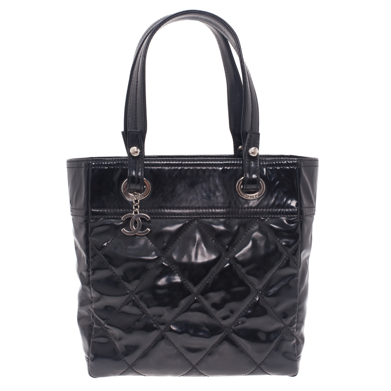 Chanel Black Quilted Patent Leather Petite Paris Biarritz Shopping Tote Bag - Buy & Sell - LC
