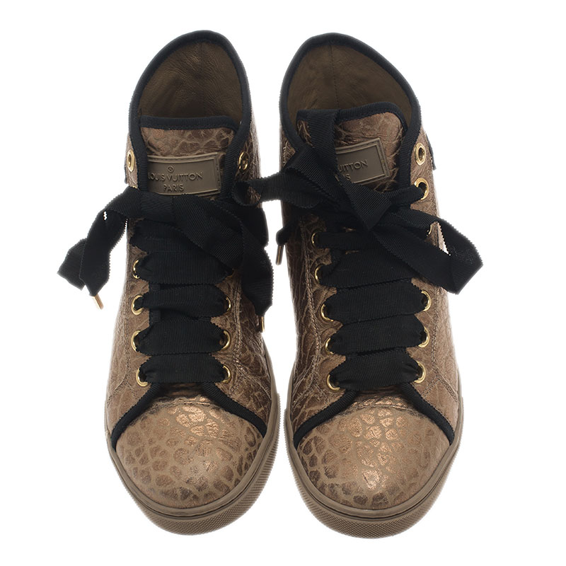 Louis Vuitton Gold Embossed Leather High Top Sneakers Size 37.5 - Buy & Sell - LC