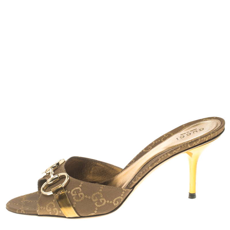 

Gucci Bronze GG Satin Horsebit Slides Size, Brown