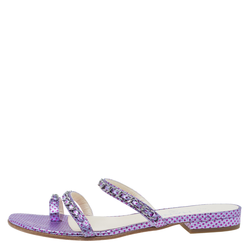 

Chanel Purple Polka Dot Chain Detail Toe Ring Sandals Size