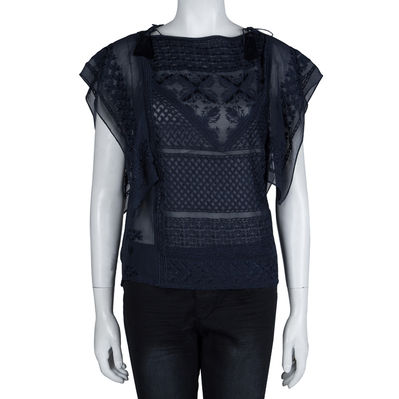 

Isabel Marant Navy Blue Embroidered Silk Kaftan Top