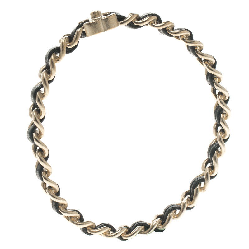 

Chanel CC Black Leather Woven Gold Tone Chain Bangle Bracelet