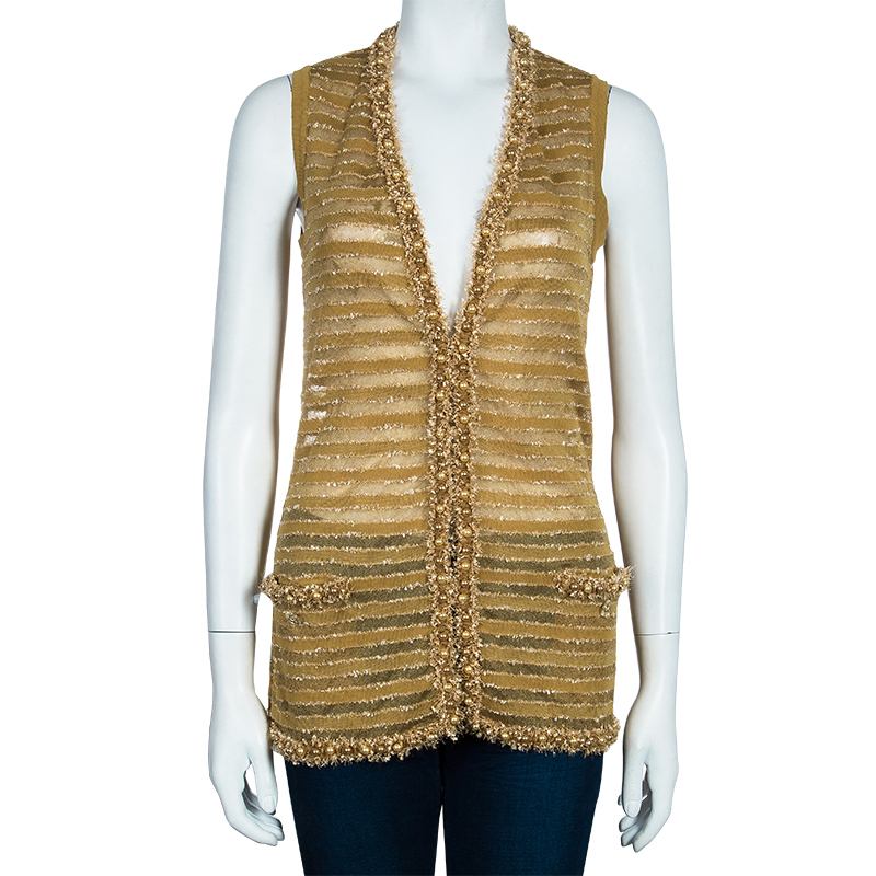 

Chanel Ochre Pearl Embellished Sleeveless Vest Top, Tan