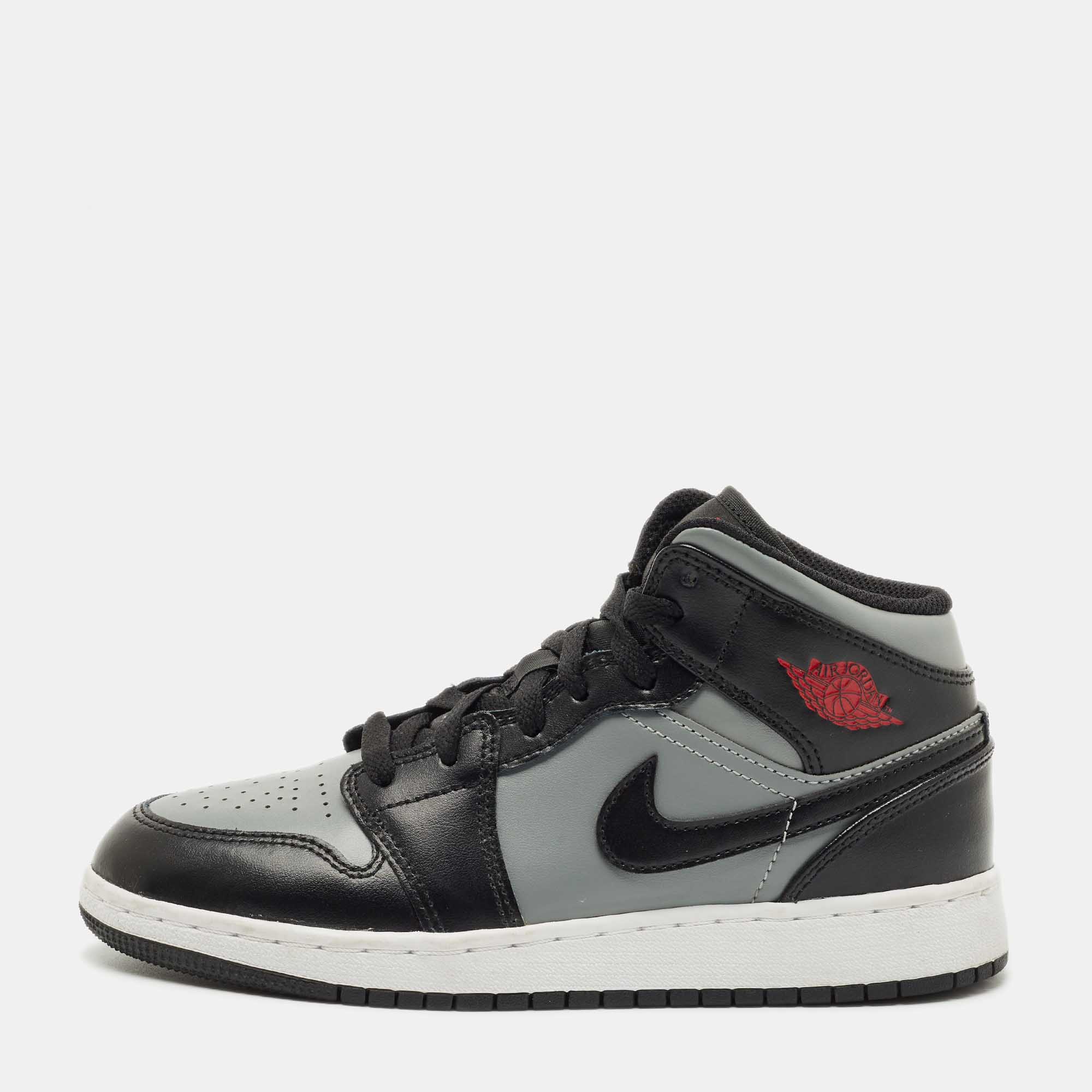Air Jordans Black/Grey Leather Jordan 1 Mid Shadow Red Sneakers Size 37.5