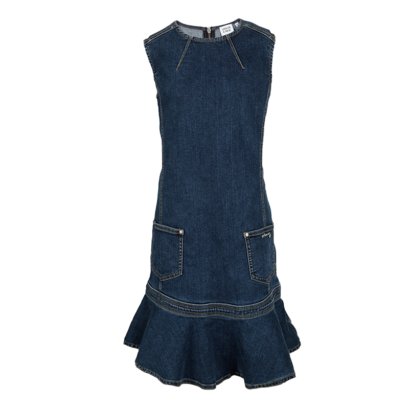 Pre Owned Armani Junior Indigo Dark Wash Denim Sleeveless Ruffle Bottom Dress 12 Yrs