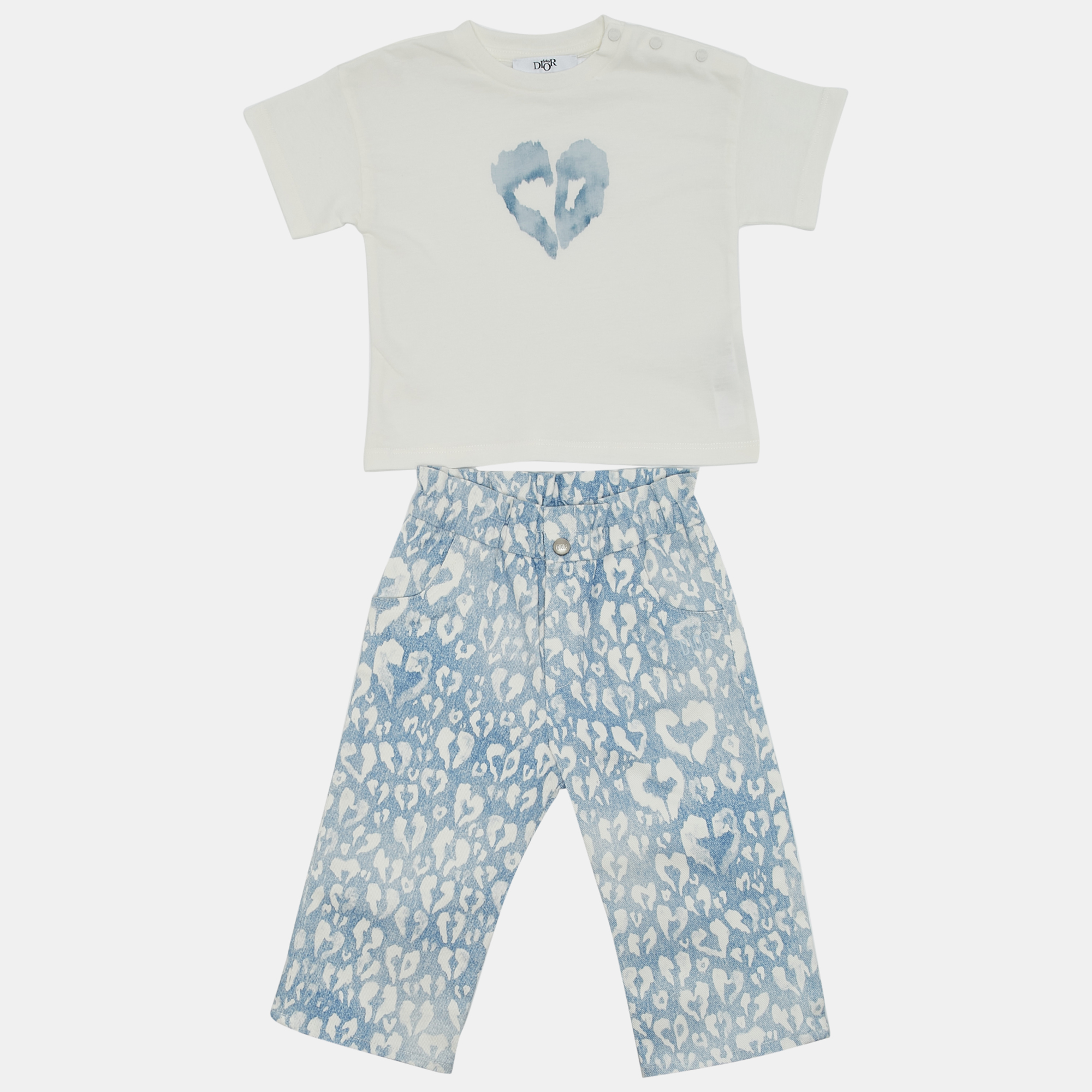 

Baby Dior Blue/White Heart Print Cotton Top and Pants Set 9M