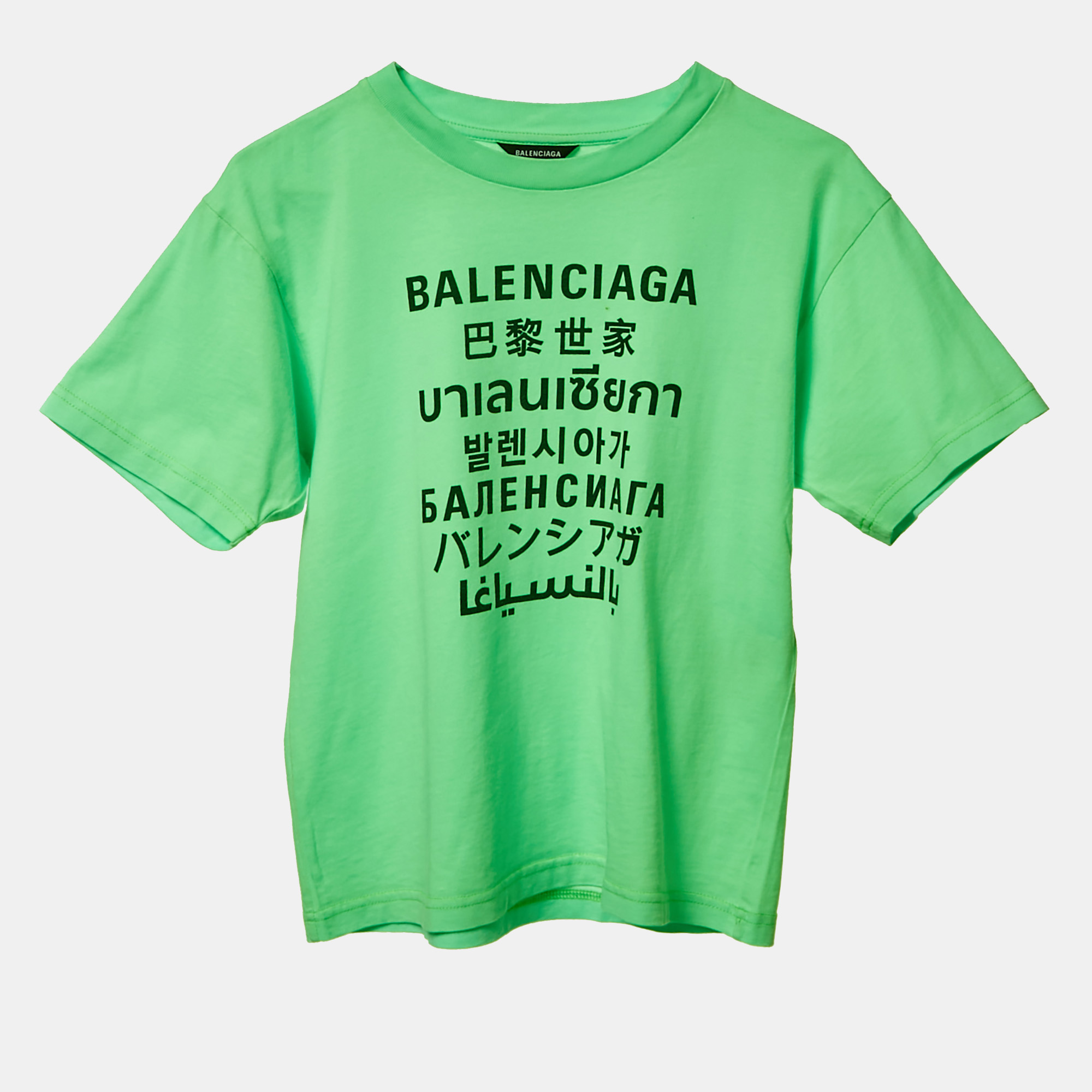 

Balenciaga Kids Florescent Green Printed Cotton Crew Neck T-Shirt