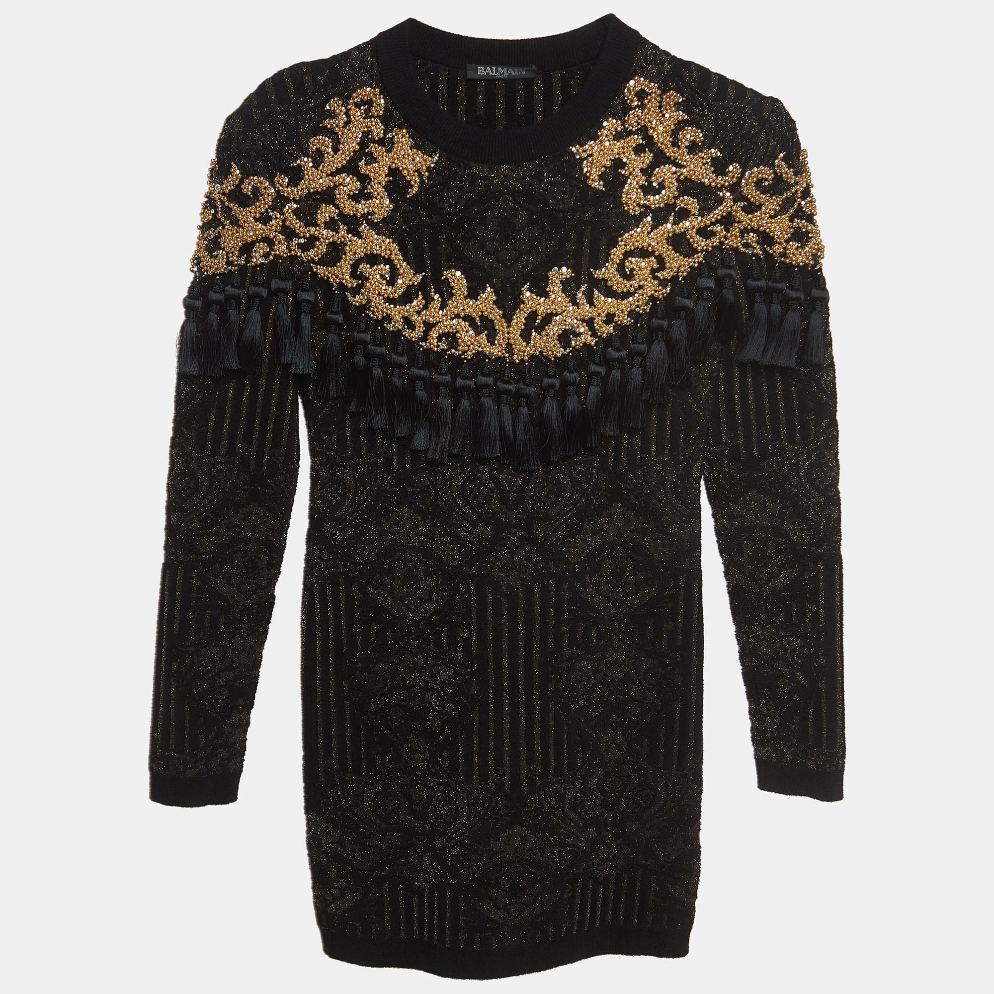 

Balmain Black/Gold Jacquard Knit Tasseled Dress