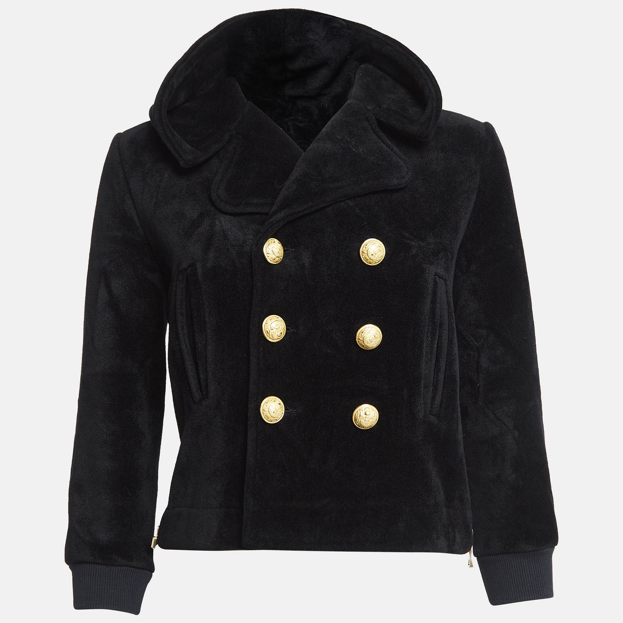 

Balmain Black Velvet Double Breasted Button Detail Hoodie