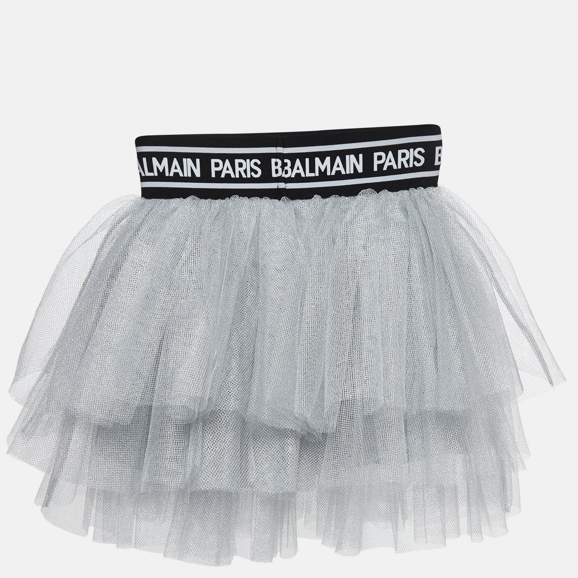 

Balmain Metallic Silver Tulle Tiered Skirt